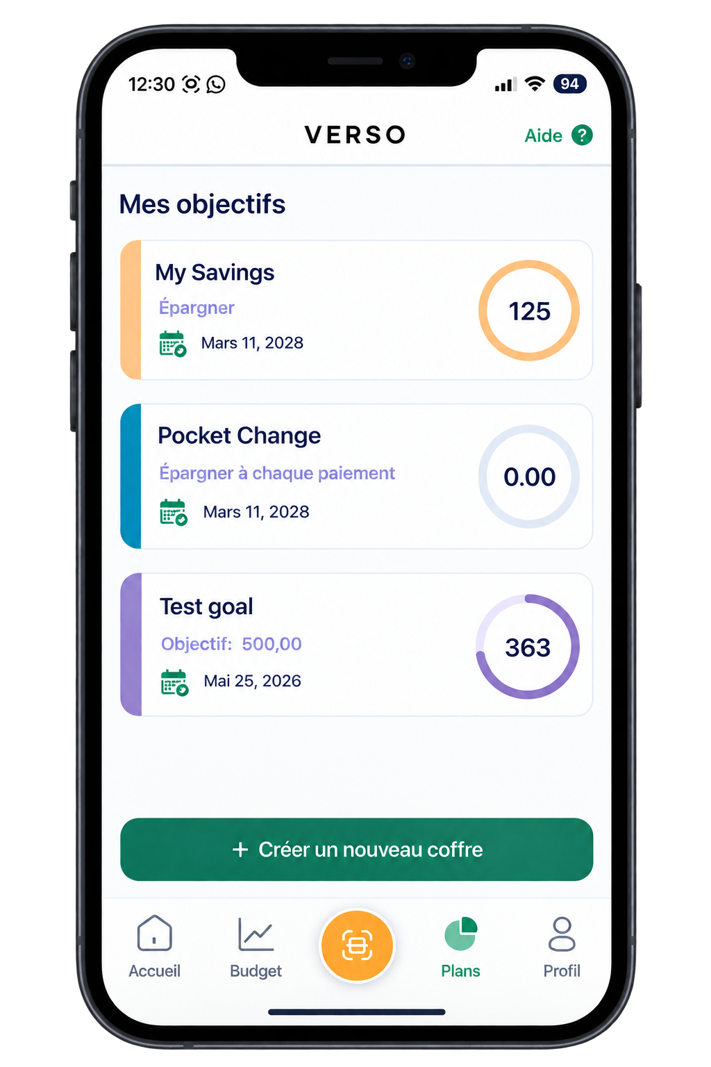 Écran d'accueil de l'application Verso