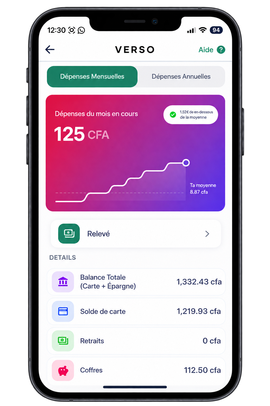 Écran Insights de l'application Verso avec la répartition des dépenses